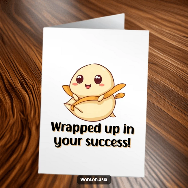 Funny free printable congratulations card featuring a happy wonton riding a flying dumpling wrapper, signifying an amazing achievement.