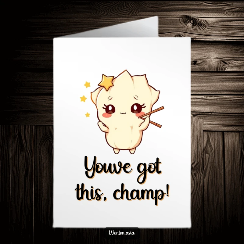 Funny free printable congratulations card of a wonton character with starry eyes expertly juggling chopsticks, celebrating a win.