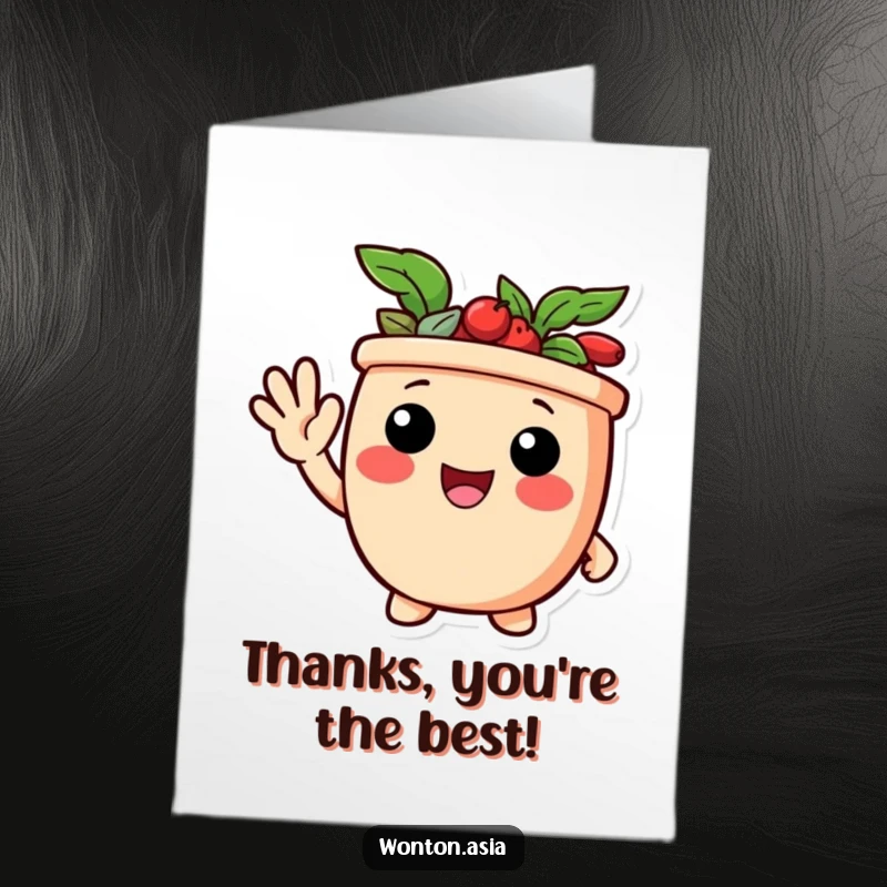 Funny Free Printable Thank You Card: A delightful potsticker character offering a friendly wave, expressing sincere gratitude.