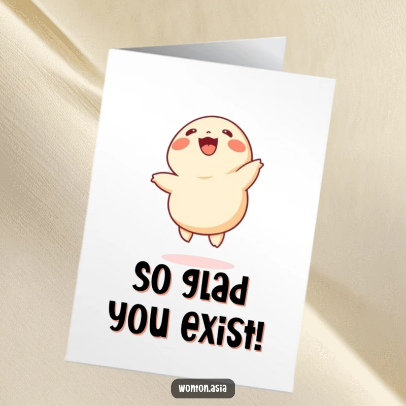 Funny Free Printable Thank You Card: A happy wonton dumpling with tiny legs doing cartwheels, conveying thanks with energy.