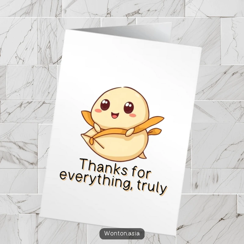 Funny free printable thank you card of a happy wonton riding a flying dumpling wrapper, conveying thanks with a smile.