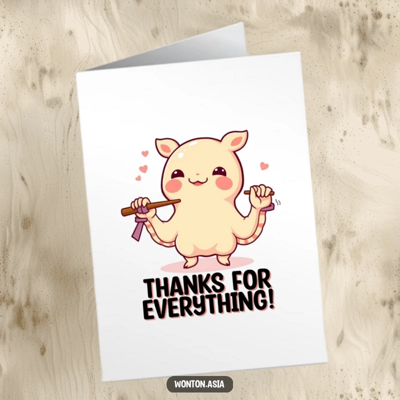 Funny Free Printable Thank You Card: A happy wonton juggling chopsticks with its wrapper tentacles, a quirky thank you message.