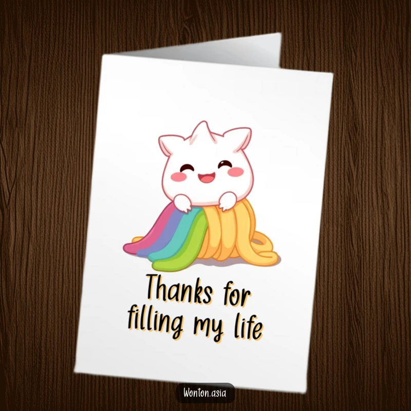 Funny free printable thank you card depicting a smiling wonton sliding joyfully down a rainbow noodle, expressing thanks.