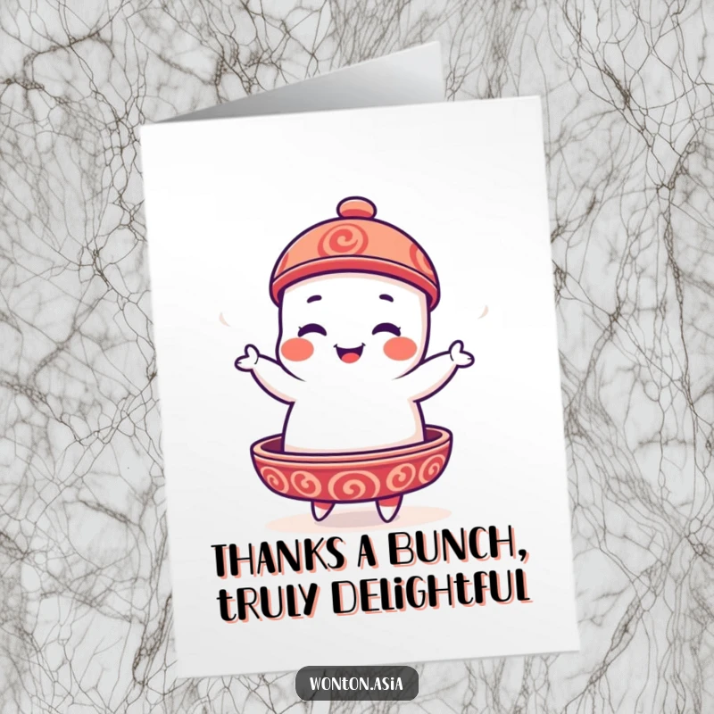 Funny Free Printable Dim Sum Thank You Card: A playful dim sum platter character doing a cheerful jig to say thank you.