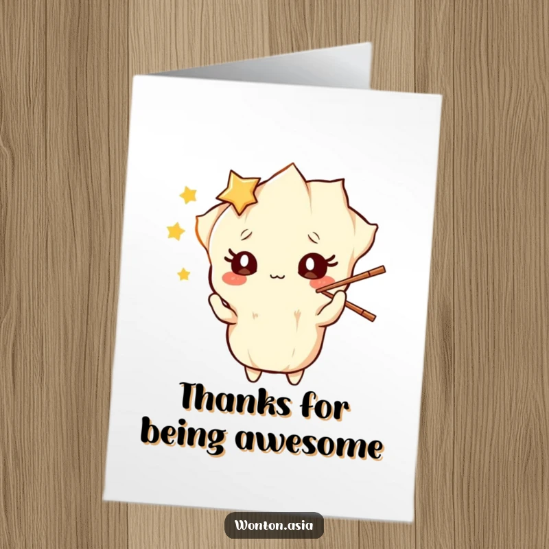 Funny free printable thank you card featuring a starry-eyed wonton character skillfully juggling chopsticks, showing gratitude.