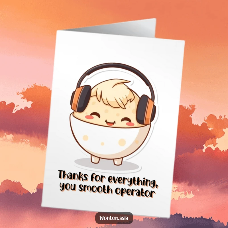 Funny Free Printable Congee Thank You Card: Content congee bowl character wearing headphones, radiating good vibes.