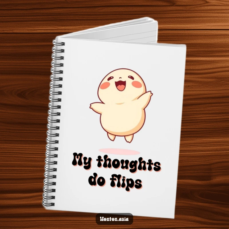 Funny wonton notebook showing a cheerful dumpling with tiny legs doing cartwheels, perfect for writing notes with a dose of fun.