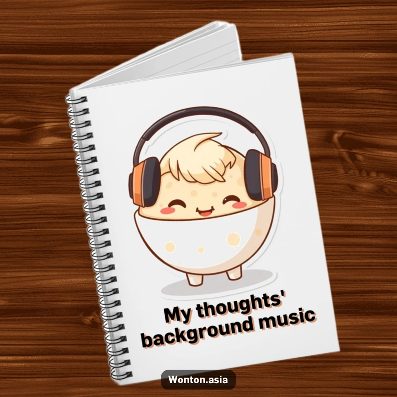 Funny Congee Bowl Notebook featuring a happy character with headphones, perfect for capturing musical ideas and notes.