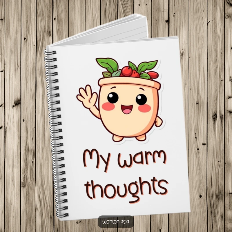 Funny notebook with a delighted potsticker character giving a friendly wave, perfect for jotting down warm thoughts.