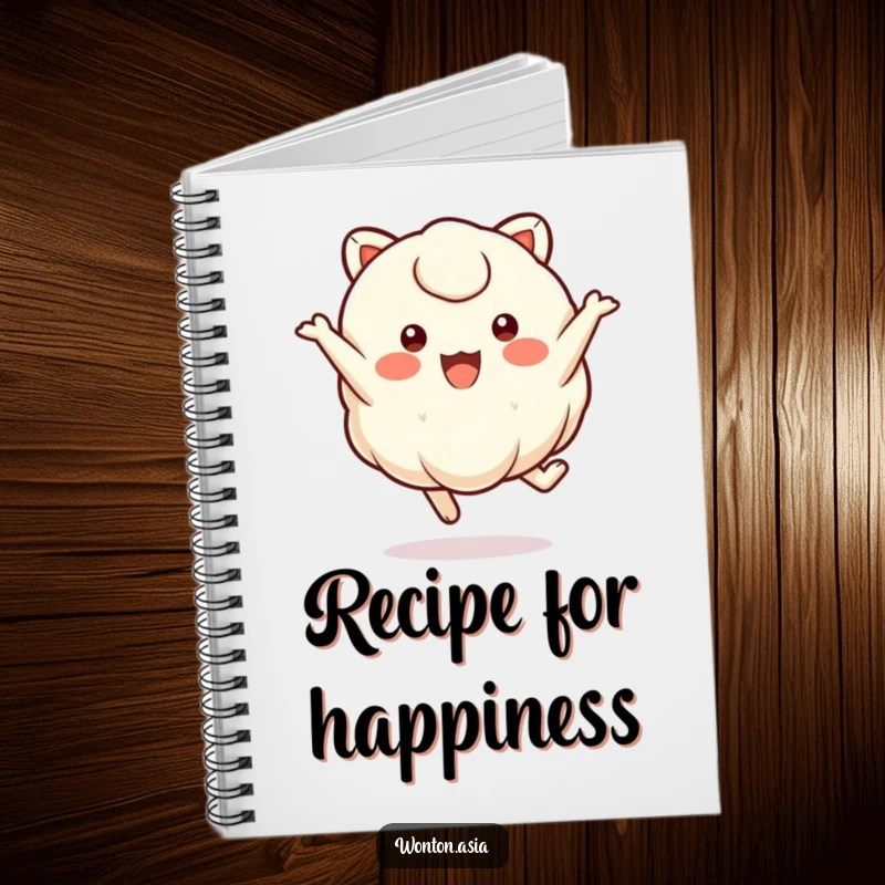 Funny wonton character with small, round eyes joyfully leaping, perfect for a humorous notebook cover.