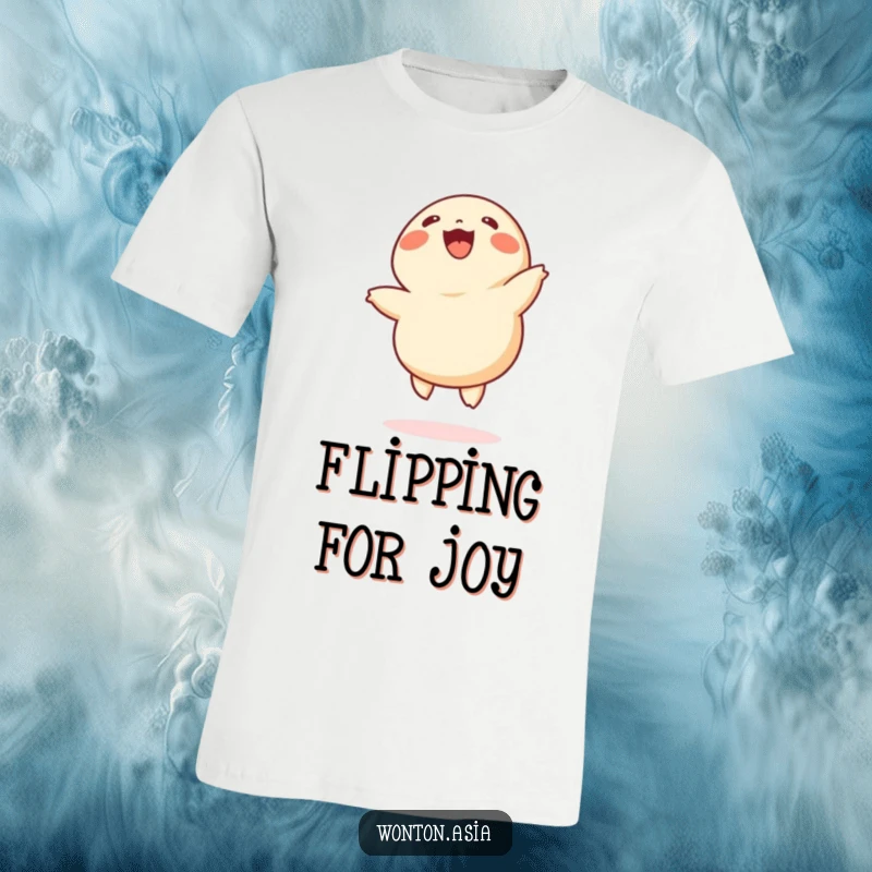 Funny wonton t-shirt depicting a jubilant dumpling with tiny legs enthusiastically performing cartwheels, a celebration of food and fun.
