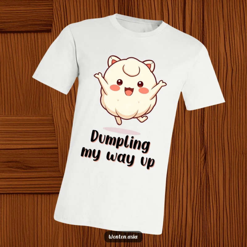 Funny wonton character with small, round eyes in a dynamic, joyful leap, creating fun foodie apparel.