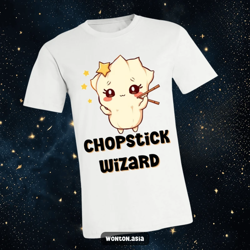 Funny T-Shirt: Wonton character with starry eyes, playfully juggling chopsticks with impressive skill; a humorous culinary feat.