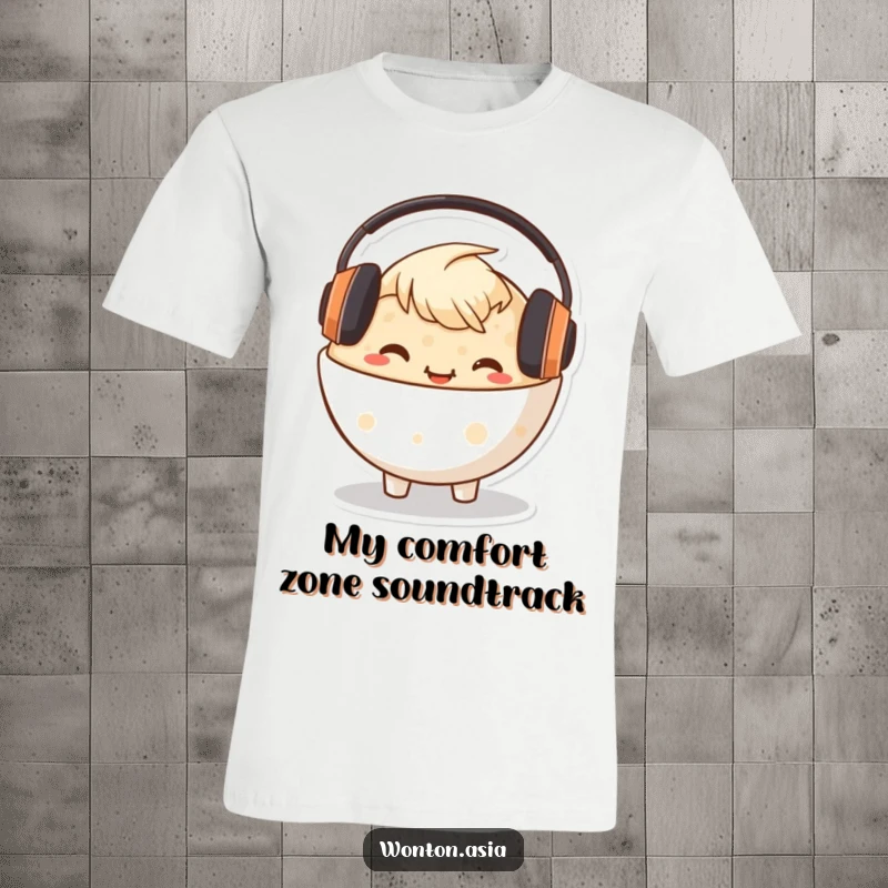 Funny Congee Bowl T-Shirt displaying a happy character in a bowl, wearing headphones and spreading mellow vibes.