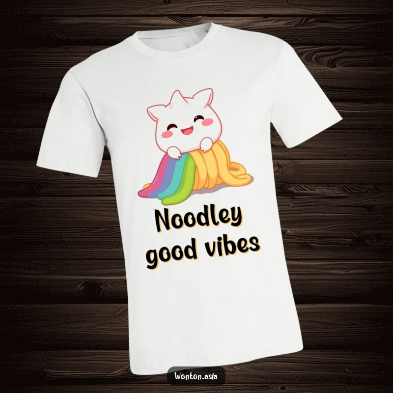 Funny T-Shirt: Cheerful wonton character with a wide smile, comically sliding down a bright rainbow noodle; pure, unadulterated joy.