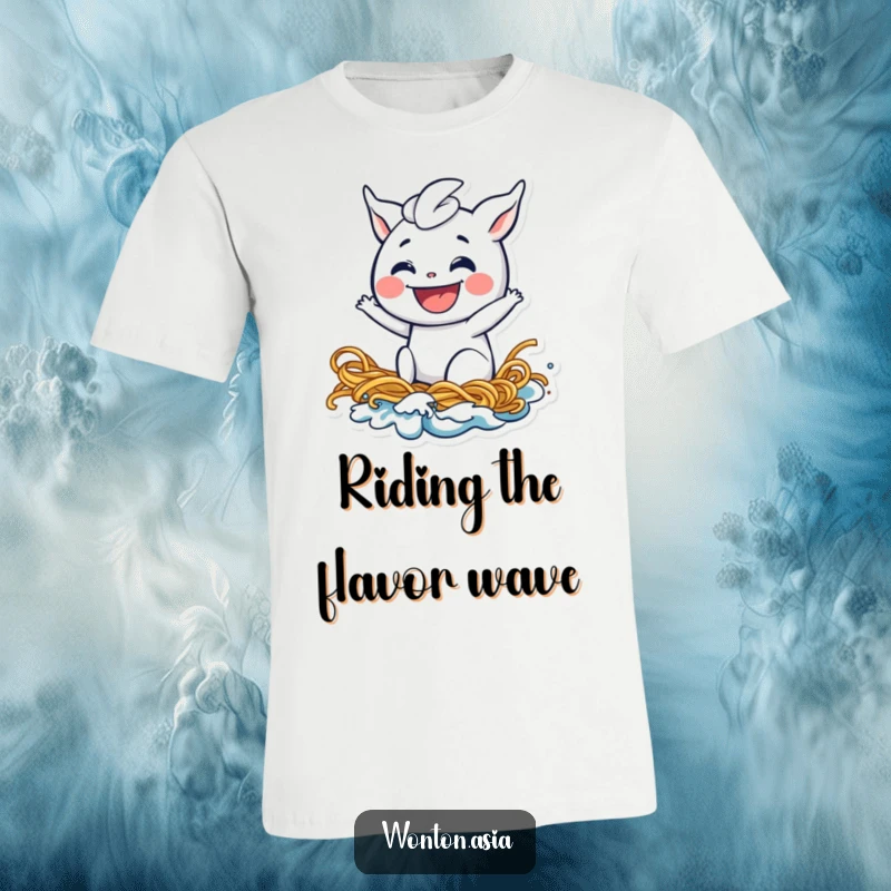 Funny wonton t-shirt depicting a grinning dumpling surfing a dynamic wave made of noodles, a celebration of food and playful adventure.