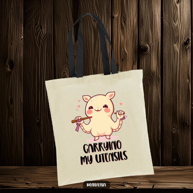 Funny wonton tote bag showing a happy dumpling juggling chopsticks with its wrapper tentacles, a humorous and practical accessory for food enthusiasts.