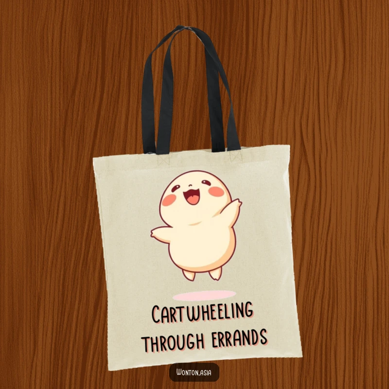 Funny wonton tote bag showing a cheerful dumpling with tiny legs doing cartwheels, a lighthearted and practical accessory for carrying items.