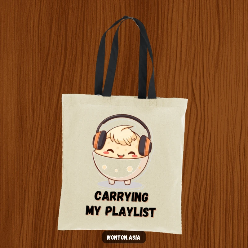 Funny Congee Bowl Tote Bag showcasing a happy character with headphones, ideal for carrying music essentials and more.
