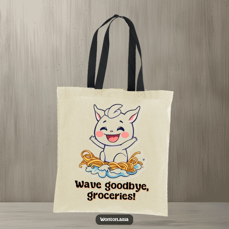 Funny wonton tote bag showing a playful dumpling with a wide grin surfing a wave made of noodles, a humorous and practical accessory.